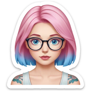 Hyper Realistic model, pale woman, pink balayage hair, blue eyes and glasses, shoulder tattoo  sticker