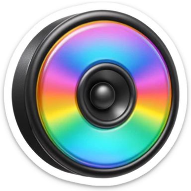 A speaker emoji 🔊 with a smooth CD-like surface that reflects rainbow iridescent colors, glowing RGB light ring around the edge, shiny plastic body, prismatic reflections shifting across the front, soft sparkles and light gleams, holographic sheen, clean simple shape, bright colorful highlights sticker