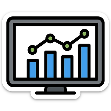 minimal KPI dashboard icon, flat vector style, rectangular screen with black frame, light gray background, four blue bars of different heights forming rising bar chart, green line graph overlay with data points, clean analytical modern look sticker