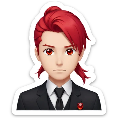Handsome gorgeous anime man with bright-red hair, thick long ponytail, red eyes, black tie with a red gem, white shirt, black jacket, stone face sticker
