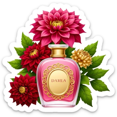 An elegant perfume bottle in Angel Pink with intricate golden details, standing beside a lush bouquet of Vivid Red and Deep Red Dahlias, softly illuminated in a romantic, warm glow sticker