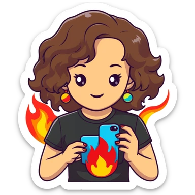 brunette girl with wavy medium length hair, brown eyes, light/medium skin tone, holding iPhone and light phone, wearing black tee shirt with flames on it and colorful beaded charm necklace sticker
