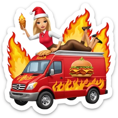 Hispanic pollo loco Barbie’s insanely flaming hot butt hurt burning chicken sandwich Extended length Sprinter 4500 van high roof off road rally delivery food truck capable of rock and desert racing  sticker