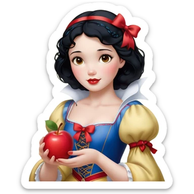 Cinematic Realistic Snow White Portrait, depicted with lifelike skin texture, soft natural lighting, and intricately detailed black hair styled with a red ribbon. Her soft brown eyes radiate innocence and kindness, complemented by a warm, gentle smile. She holds an apple in one hand, her other hand resting against her cheek, embodying her purity and charm. She is dressed in her classic yellow, blue, and red gown, the fabric rich in texture with delicate folds that catch the light beautifully. The portrait features a soft, natural glow with a radiant finish, capturing the essence of timeless beauty in a realistic and painterly style. sticker