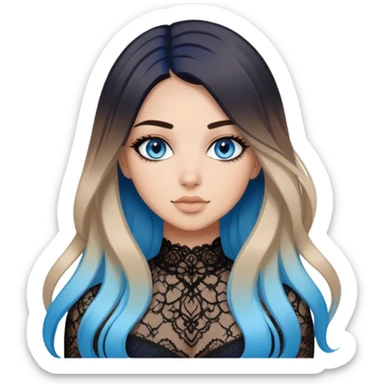 Beautiful Buxom-pawg-laying-posing-bending-sfw-deep blue eyes-straight long brunette to sky blue ombre hair-big juicy booty, wearing black lace, sfw sticker