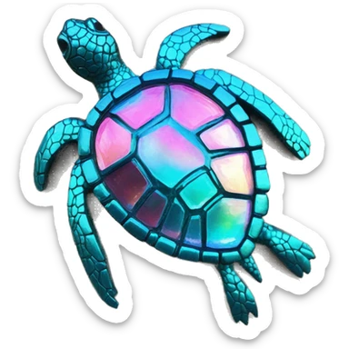 Sparkling cyan pink Turtle made from kaleidoscopic crystalline rainbow oilslick cyan glass, stained glass art sticker