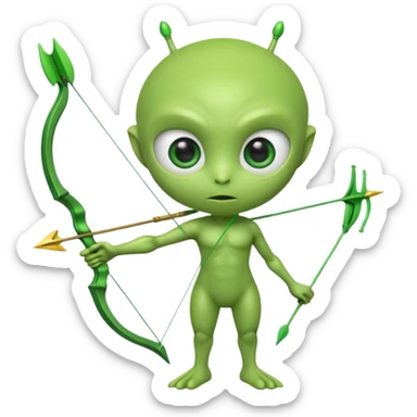 3D emoji-style green alien holding a bow and arrow, glossy texture, smooth skin, large expressive eyes, small humanoid body, minimalist background, soft lighting, Pixar-style rendering, high detail, cute but slightly serious expression, clean centered composition. sticker