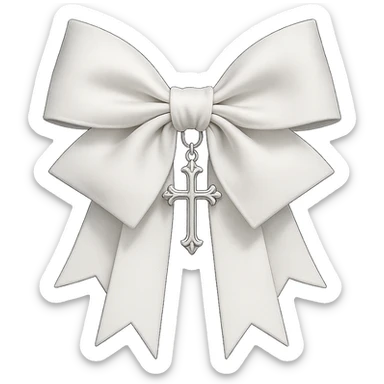 Edit the image to depict a white gothic bow with layered ribbons and a cross pendant, in a general style. Remove the background. sticker