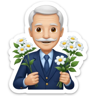 homme âgé en costume bleu foncé souriant avec moustache portant un bouquet fleurs blanche  sticker