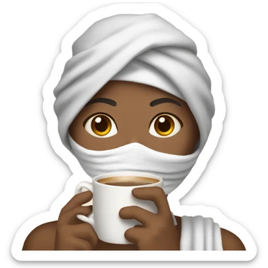 Girl with a towel on her head, a mask on her face and a cup of coffee in her hand sticker