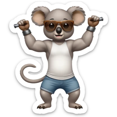 anthropomorphised koala, full body, casual clothing, dark sunglasses, flexing muscles sticker