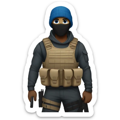 White male, face mask, tan tactical gear, combat boots, gun, black beanie, blue eyes sticker