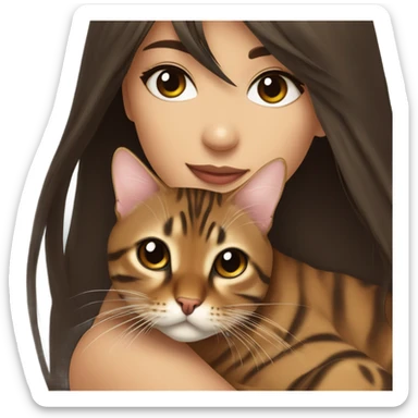 Beautiful woman long dark brown hair have Straight bangs hug bengal cat sticker