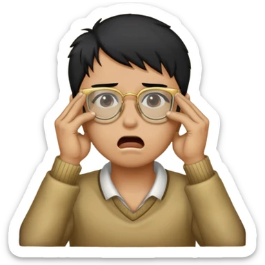 Make an apple choking emoji of a tan gender neutral person with black hair and gold frame glasses with their hand on their neck choking themselves  sticker