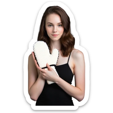 pale skintone woman with brown hair holding a tanning mitt sticker