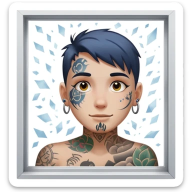 person with face tattoo looking out of window and he is opening shatters happy sticker