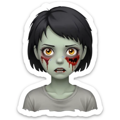 Zombie girl with messy black short hair in gray tshirt with lashes and torn cheek sticker