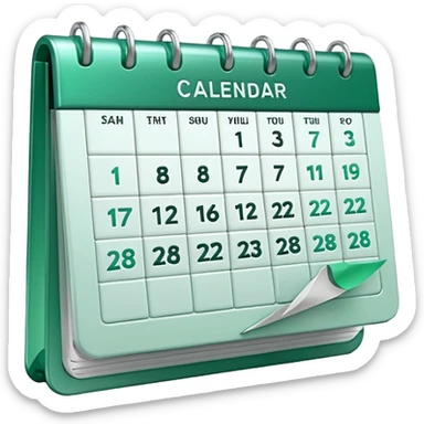 A glossy 3D icon of a clean digital calendar with green (#16A34A) accent highlights, floating pages, subtle shadows, and a modern SaaS-UI look. Soft reflections, rounded edges, friendly professional style. Represents scheduling and reservation management. sticker