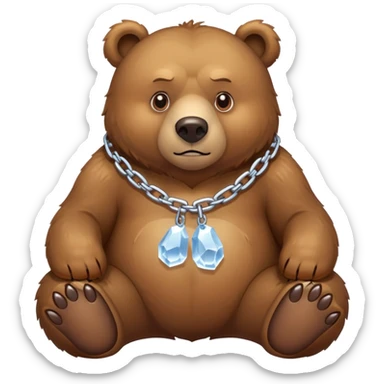 Realistic brown bear on all four legs with serious expression, wearing a simple chain made entirely of ice around its neck, nothing hanging from it sticker