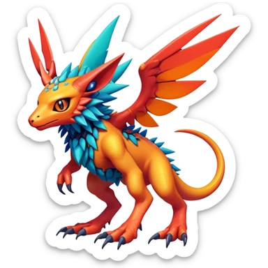  colorful warm-colored hot lush exotic modern cyber-Fakémon-Digimon-Trico-Vernid-creature (full body) sticker