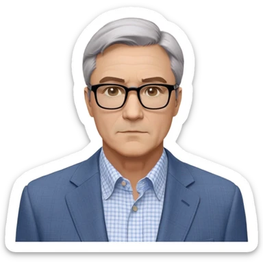 Middle-aged man around 50, square face with slight wrinkles, large dark square-framed glasses, short straight hair with subtle graying and side part. Composed serious expression. Wearing a light gray blazer over a white button-up shirt with blue checkered pattern. sticker