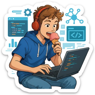 a white teenager eating ice-cream while coding busily on a laptop, energetic, modern, casual outfit, lively tech environment sticker