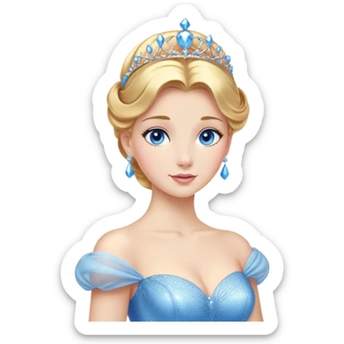 Cinematic Stunning Cinderella Portrait Emoji, Radiant in her sparkling blue ball gown, golden hair in a perfect updo, soft blue eyes full of wonder, glistening tiara, glowing with an ethereal beauty, regal yet kind, a dreamlike aura surrounds her, capturing the essence of a fairy tale princess, elegant and breathtaking! sticker