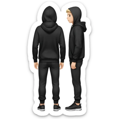 fullbody Mysterious shy caucasian man in black hoodie on head, hands in pockets and black pants rear backview sticker