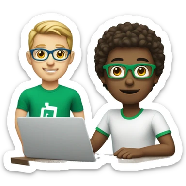 white young man with square glasses and blue eyes wearing green t-shirt using laptop  sticker