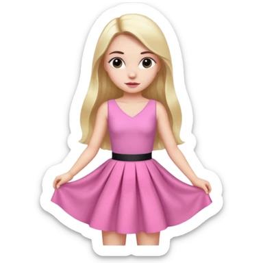 A photo of a white-skinned girl with black eyes and eyebrows and long bare hair, a beautiful pink skirt dress that has a lot of glamour and looks almost like a prince sticker