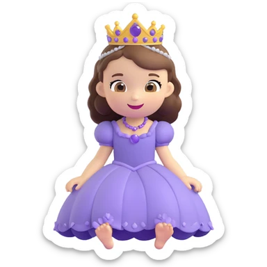Sofia the First as a 3D emoji, sitting with her animal friends, in her purple dress and tiara, joyful sticker