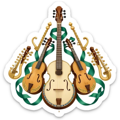 Design a complex and festive emblem-like emoji representing plucked string instruments, such as a banjo, mandolin, domra, sitar, and similar instruments. The composition should resemble a heraldic crest, with the instruments arranged symmetrically and gracefully, their necks intertwining with a flowing ribbon of musical notes. The ribbon should weave through the strings and headstocks, symbolizing the harmonious connection between the instruments. Use detailed engraving on the instrument bodies and fretboards to emphasize their craftsmanship. Incorporate rich, celebratory colors like gold, mahogany brown, deep green, and vibrant accents. Add subtle shading and light reflections to create a three-dimensional, polished look. Include ornate elements like swirls, laurel leaves, and decorative flourishes to enhance the festive and professional appearance. The background should be transparent to highlight the emblem as a standalone piece. sticker
