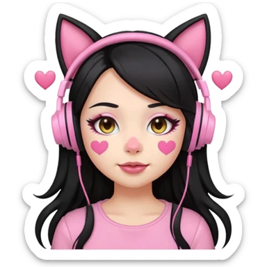 “Emoji girl, pastel pink streaks in thick long black hair hair, bold winged eyeliner, heavy blush on cheeks and nose bridge, under-eye hearts, glossy pink lips, playful smirk and gaming headphones and cat ears.” sticker