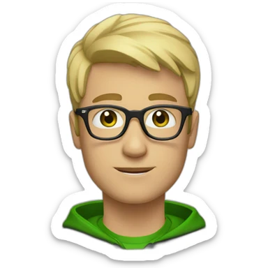 A blond short haired man with green eyes and a black sweatshirt with clear glasses sticker