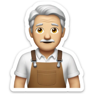"A older man with rough hands, short light brown hair, and a friendly, naive expression. He wears a work apron over simple clothes and holds a hammer or wood in a rustic workshop." sticker