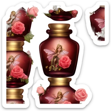 Dark red magic fairy sparkling old Antique oil perfume bottle with herbal and rose flowers sticker