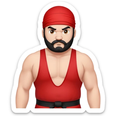 Close-up of extremely fat white skin guy with young face, prominent BLACK DURAG tied clearly on head, distinct black beard and mustache, no muscle, black eyes in a red and black wrestling singlet with angry face sticker