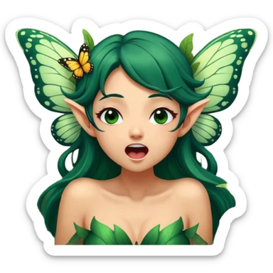 Cinematic Realistic Forest Fairy Portrait, head tilted slightly with a dramatic, wide-open yawn, revealing a tender, relaxed visage with finely detailed tanned skin and flowing, vine-adorned dark green hair gently framing her face. Her sleepy eyes exude a serene, dreamlike quality as soft natural sunlight filters through the canopy, showing her large butterfly wings from her back capturing the essence of a drowsy yet captivating forest drifting into peaceful slumber. sticker