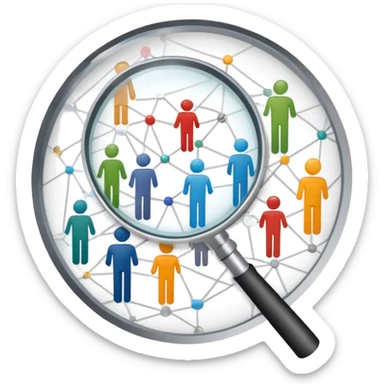 An icon featuring a group of diverse people, a social network diagram, and a magnifying glass, symbolizing sociology. The design includes charts and interconnected lines, representing the study of societies, relationships, and social behavior. Transparent background highlights social analysis. sticker