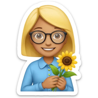 Create a yellow emoji holding flowers and wearing glasses with a joy expression sticker