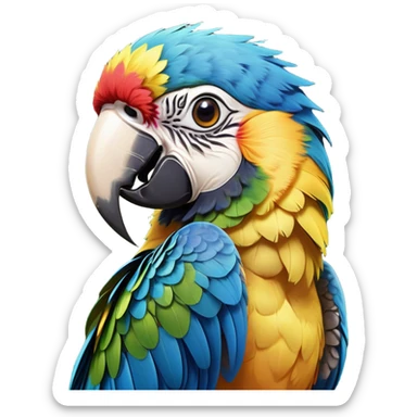 Cinematic Cute Macaw Portrait Emoji, Head tilted playfully and inquisitively, with a dazzling array of colorful plumage and round, sparkling eyes filled with charm, Simplified yet irresistibly adorable features, highly detailed, glowing with a warm, friendly tropical glow, high shine, affectionate and lively, stylized with a touch of whimsical vibrancy, bright and endearing, soft glowing outline, capturing the essence of a mischievous yet loving parrot that seems as if it could flutter out of the screen into your arms! sticker
