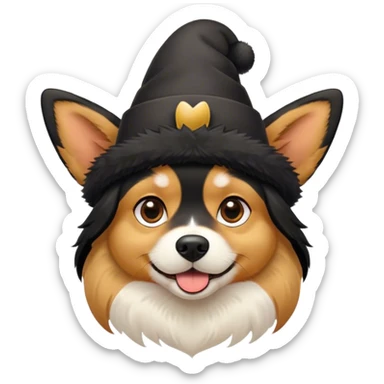 black and tan dog with pointy ears and hat sticker