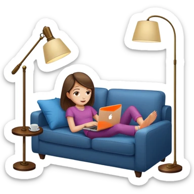 A girl is working with a laptop while lying on a sofa, with a floor lamp to the right. sticker