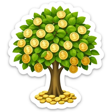 Apple-style money tree, round soft green canopy.
No pot, no ground — only the tree.
Small gold coins as fruits inside the leaves (not below).
Flat 2D vector, clean shapes, no gradients.
Dark near-black background, premium fintech icon. sticker