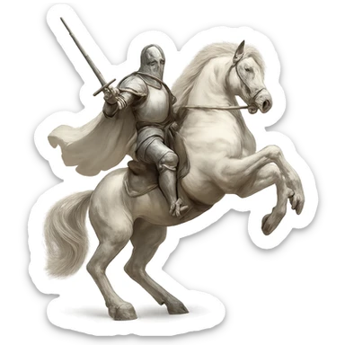 a white knight on a white horse, rearing up, dramatic, clean background sticker
