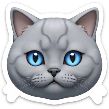 Cinematic Cute Bored Grey British Shorthair Cat Portrait Emoji, Head tilted slightly with a scrunched, bored expression, sleek soft grey fur with subtle blue undertones, Simplified yet adorable features, highly detailed, glowing with a soft, friendly glow, high shine, curious but clearly uninterested, stylized with a touch of whimsy, soft glowing outline, capturing the essence of a bored yet irresistibly cute kitty, so endearing it feels like it could tilt its head and let out a dramatic sigh at any moment! sticker