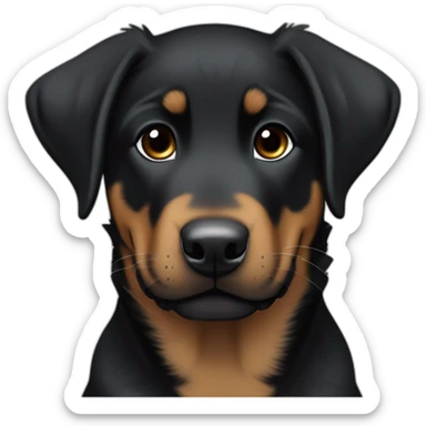 Medium Beauceron puppy with white chest and chin, brown paws and cheeks, black muzzle sticker