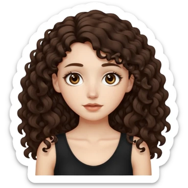 Aesthetic white girl with long curly hair color dark brown, hair most be in front of the shoulders (hair in front of the shoulders, less voluminous). Big almond shape eyes color brown, small wide nose, natural lips, sweet expression. Dressed with a cute tight top color black.  sticker