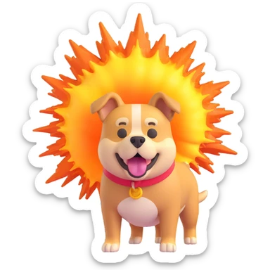 3D emoji-style dog with an exaggerated explosion effect, playful and not violent sticker