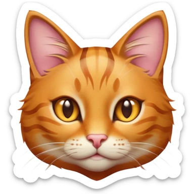 Cinematic Cute Ginger Tabby Cat Portrait Emoji, Head tilted playfully and inquisitively, sleek orange-brown fur with bold tabby stripes and a distinctive M-shaped marking on the forehead, sparkling amber eyes, Simplified yet irresistibly adorable features, highly detailed, glowing with a warm, friendly glow, high shine, affectionate and curious, stylized with a touch of whimsy, bright and endearing, soft glowing outline, capturing the essence of a mischievous yet loving kitten, so playful it feels like it could pounce out of the screen and into your arms! sticker